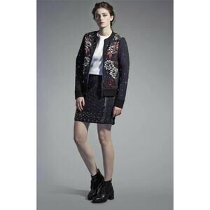 Anhha Floral Embellished Navy Bomber Jacket Full Zip Size L